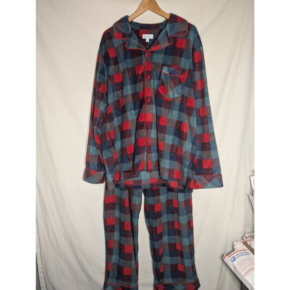 Pajamagram mens two piece Fleece Pajamas Sz XL red blue Plaid button down pants - Picture 1 of 5